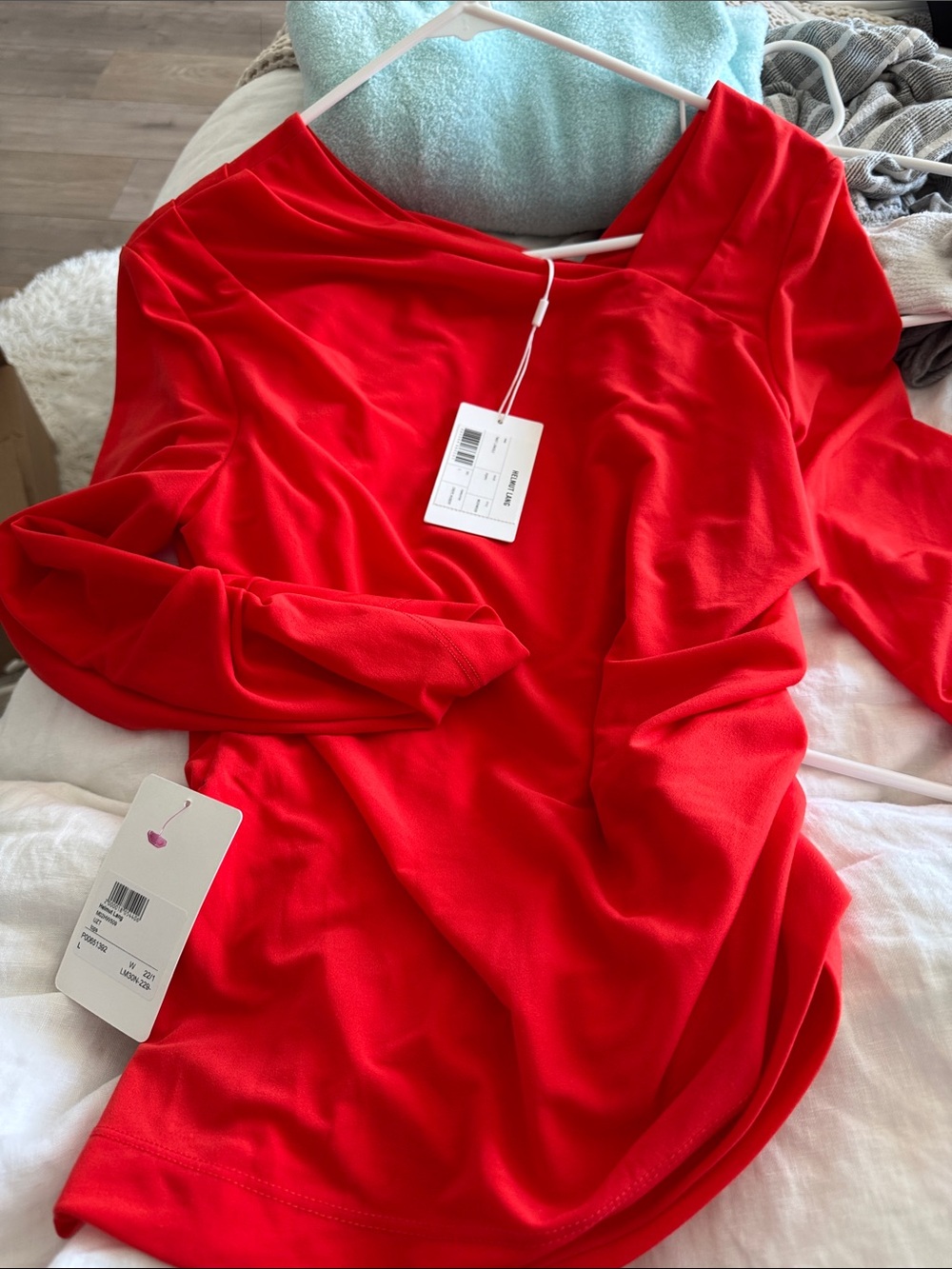 Helmut Lang Red Long-Sleeve Draped Neck Blouse